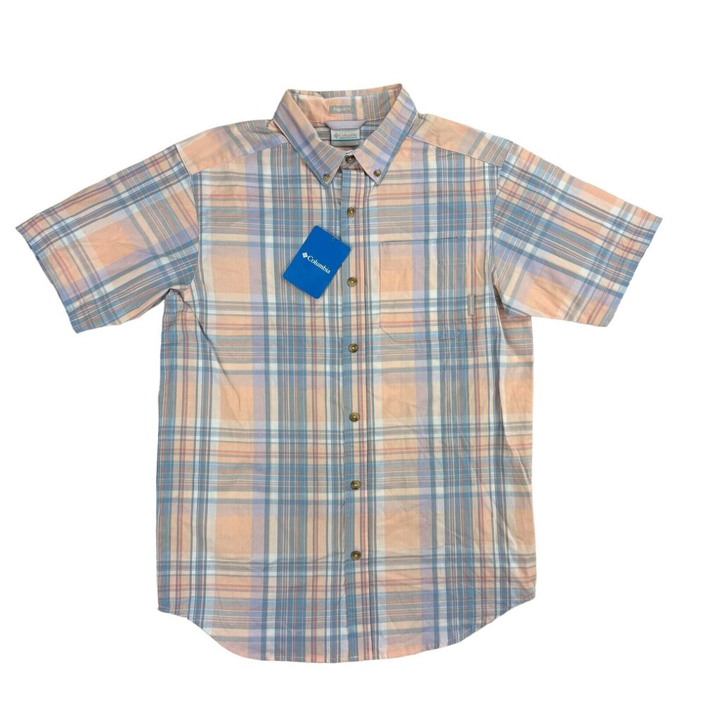 Columbia Mens Rapid Rivers II Plaid Short Sleeve Button Down Shirt Peach Blue S